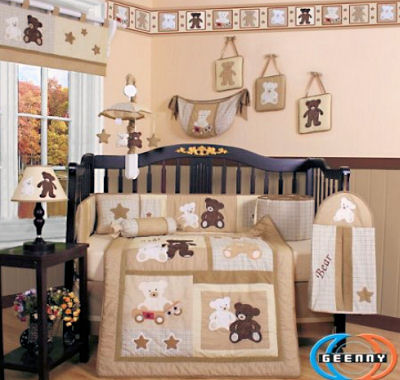 Brown teddy bear baby nursery bedding and decor