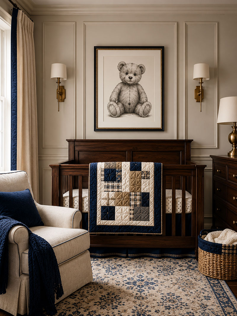 Luxury teddy bear nursery wall art displayed above a crib with paneled nursery walls