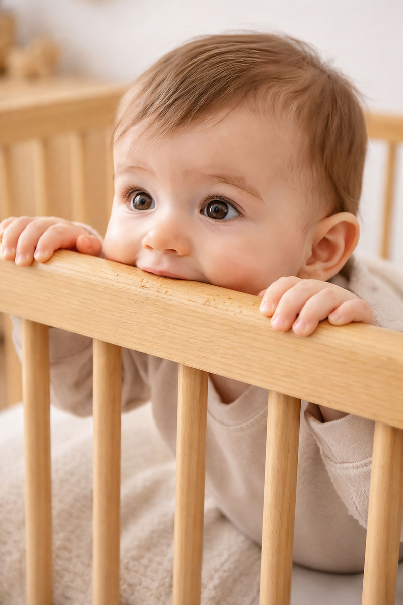 Wooden crib rail showing light chew marks where babies often mouth the top edge