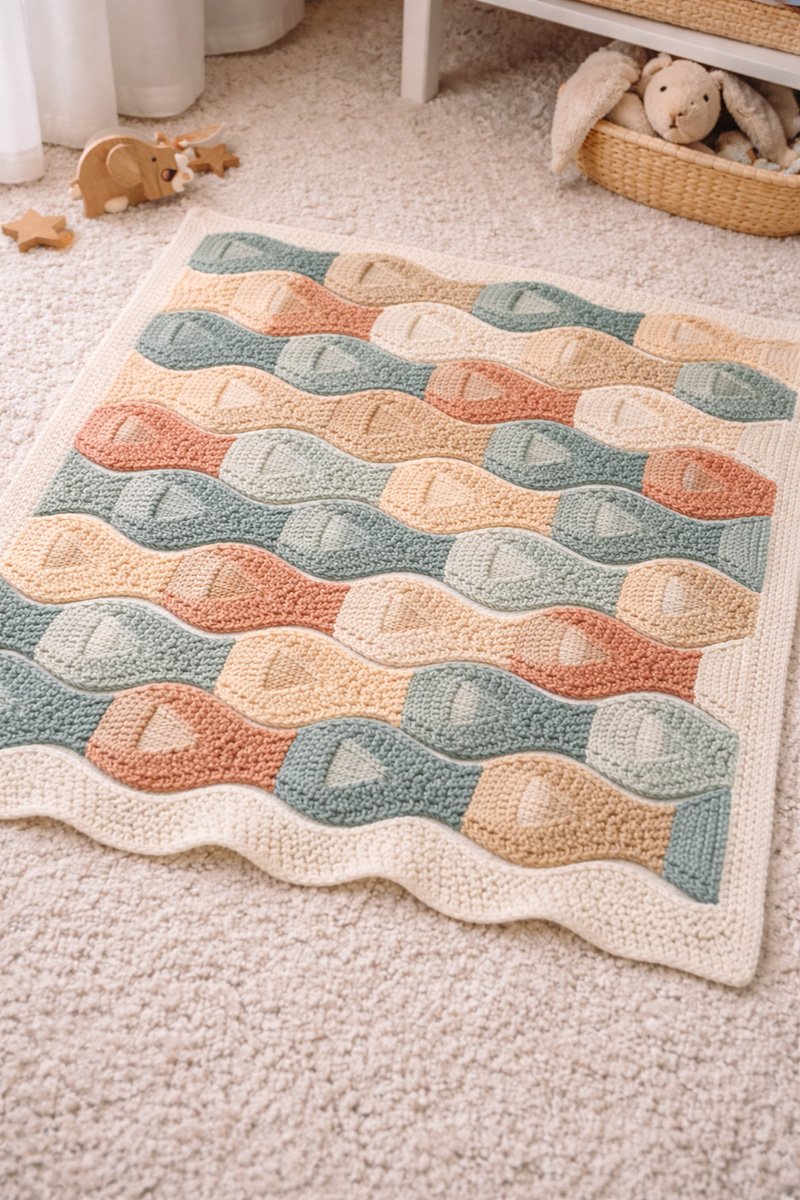 Joined tessellated fish knit tiles forming a baby blanket layout