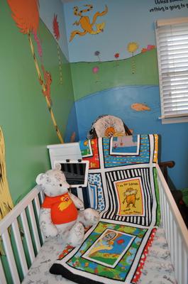 Grandma made all the Lorax theme baby bedding, crib quilt and toys in the nursery