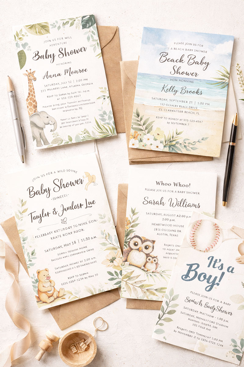 Theme based baby shower invitation samples arranged with different layouts and wording styles