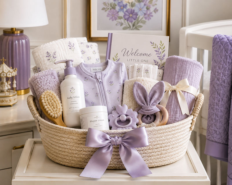 Thoughtful baby shower gift basket arranged with coordinated newborn items and books