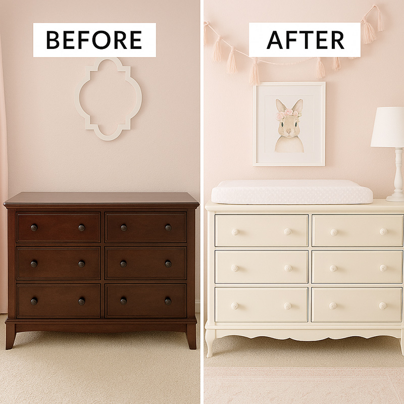 Before and after photo of a thrifted nursery dresser transformed for a baby girl’s room with soft blush paint and new gold hardware