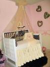 This romantic hearts and roses baby nursery theme room is the picture of femininity with its pastel pink walls and a ruffled crib skirt and canopy.
