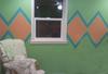 Unisex Baby Nursery Design w Argyle Pattern Wall Painting Technique using Aqua blue, peach and mint green paint.