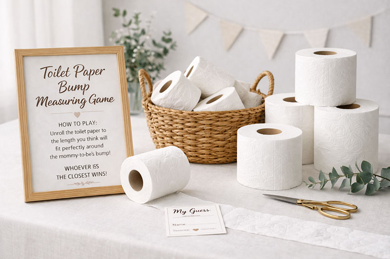 Guests measuring toilet paper length for baby bump guessing game at a baby shower