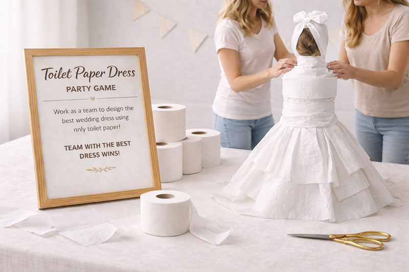 Guests creating toilet paper dress during a party game activity
