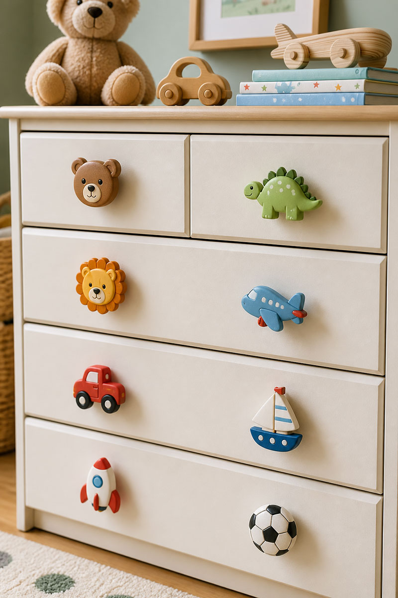 DIY hand-painted wooden toy themed drawer knobs for a playful nursery dresser