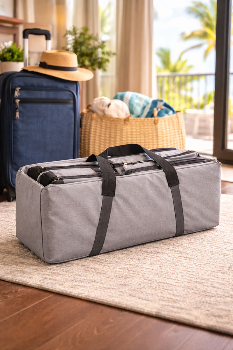 travel crib folded inside a carry bag for airport or road trip use