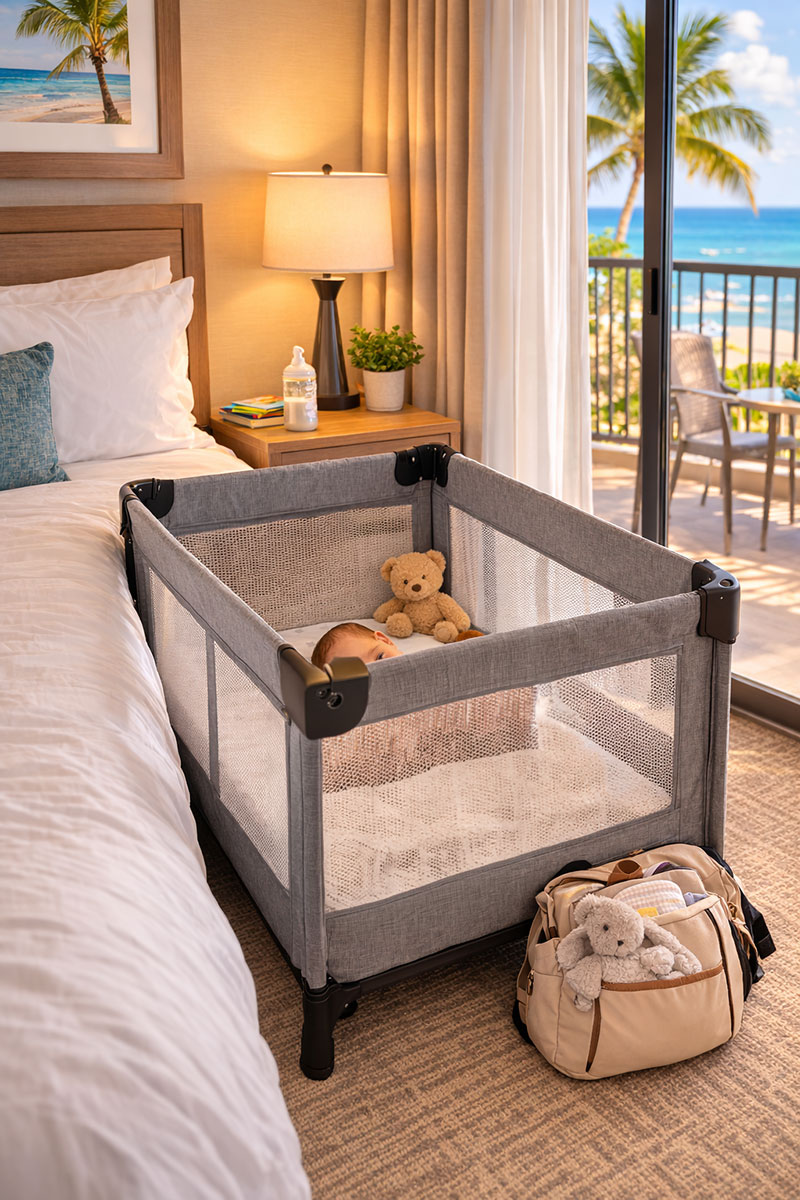 travel crib set up beside a hotel bed during a family vacation