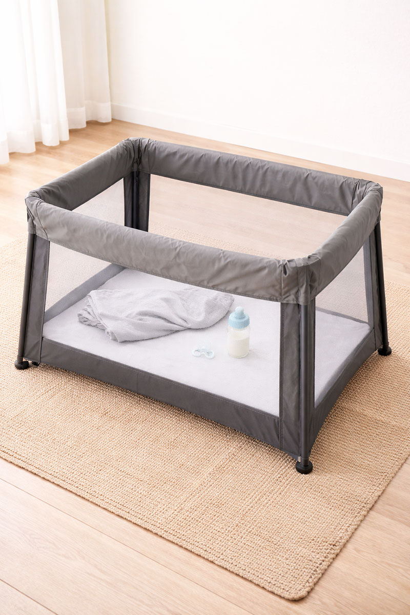 Portable travel crib sleep space with mattress placement and mesh sides