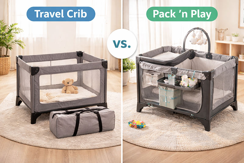 travel crib and pack and play shown as two portable baby sleep options
