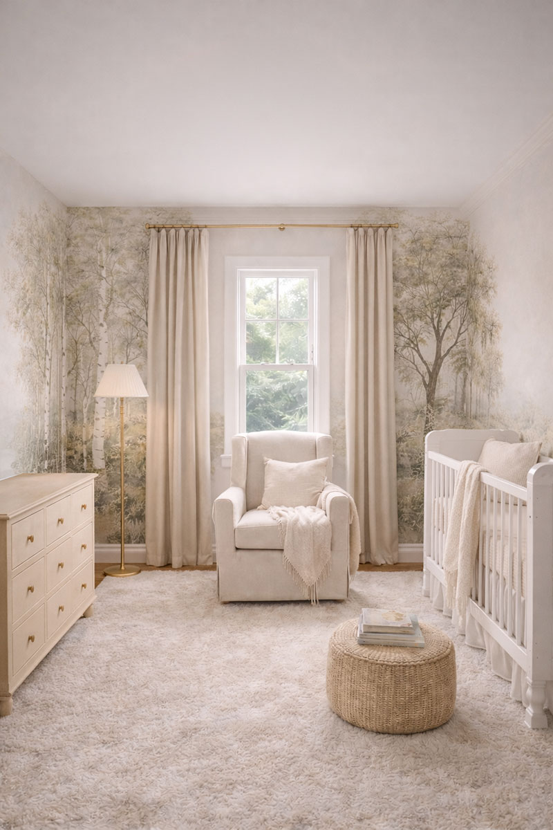 Peel and stick tree mural nursery wall decal with soft green leaves in a neutral baby room