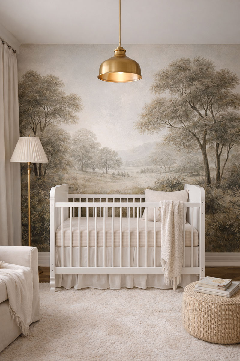 Vintage landscape tree mural behind a white crib in a calm navy nursery