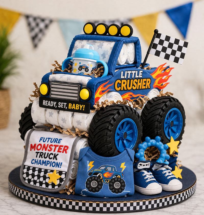 truck diaper cake baby shower centerpiece with construction theme