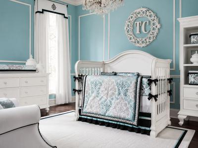 Turquoise Black and White Baby Nursery Decor with Damask Print Crib Bedding for a Prince or  a Princess