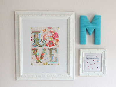 White pink and true turquoise baby girl nursery wall decorations with the letter M initial