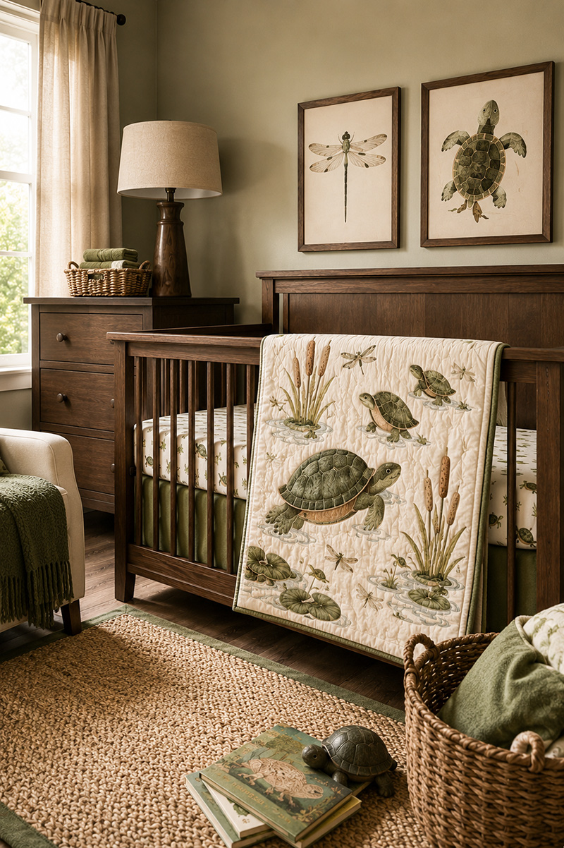 Woodland turtle baby bedding with pond inspired nursery decor and earthy wall colors