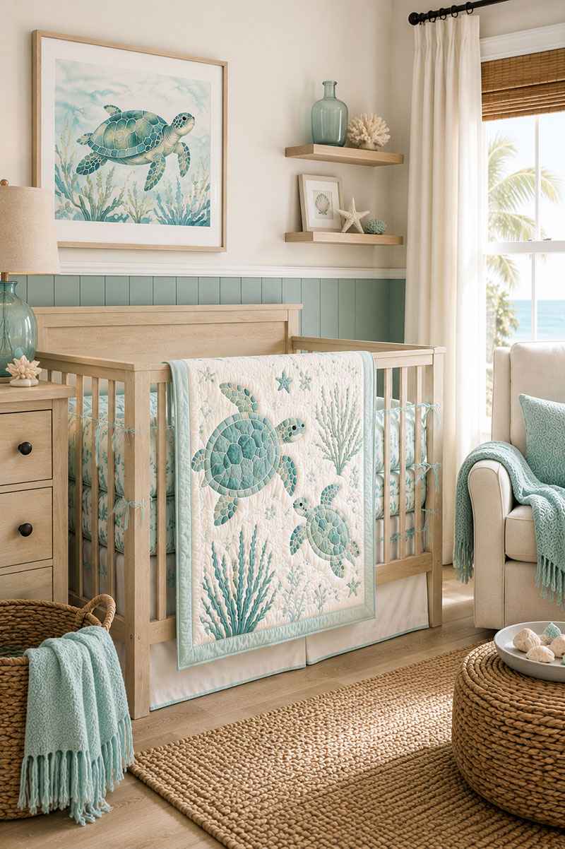Sea turtle nursery with layered coastal colors, woven textures, and turtle crib bedding