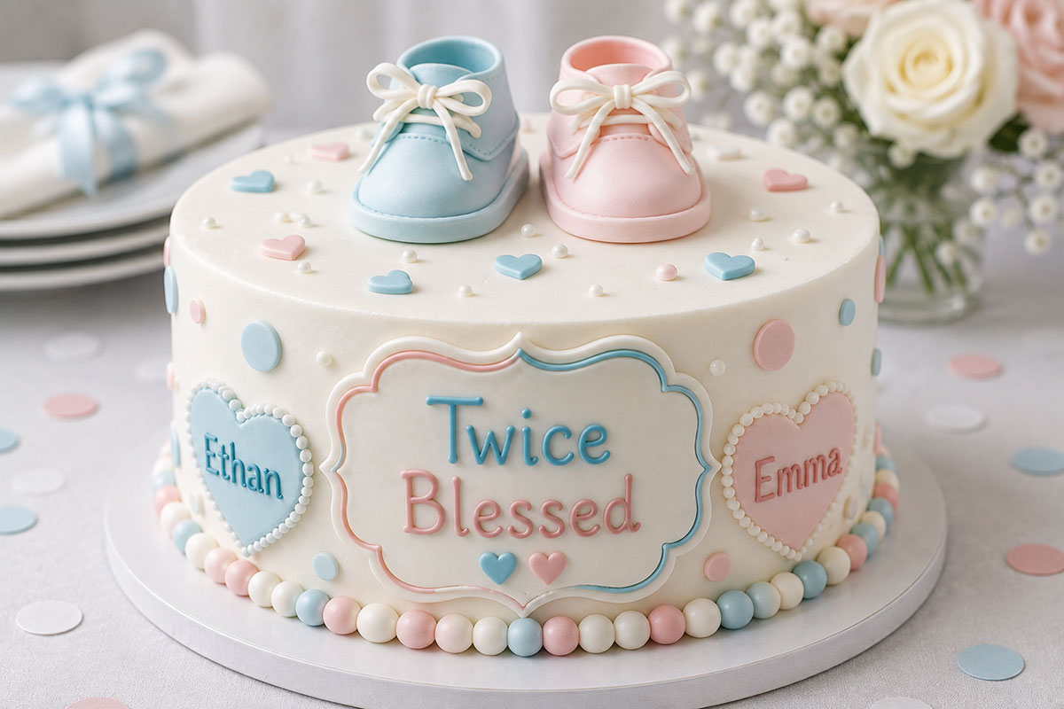 Twin baby shower cake with two name plaques and room for short cake wording