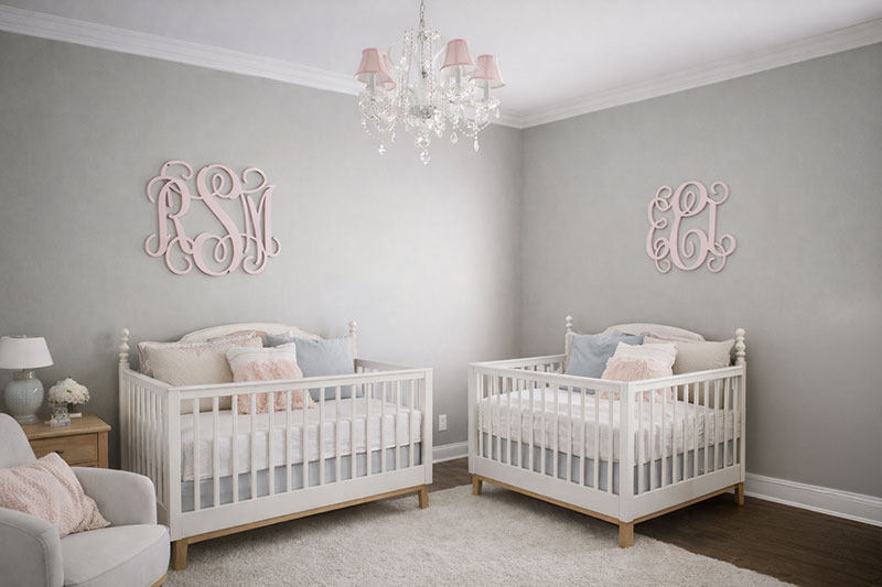 Twin nursery crib placement showing safe spacing between two cribs