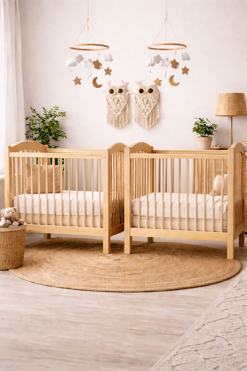 Neutral twin nursery with two matching cribs and soft natural decor