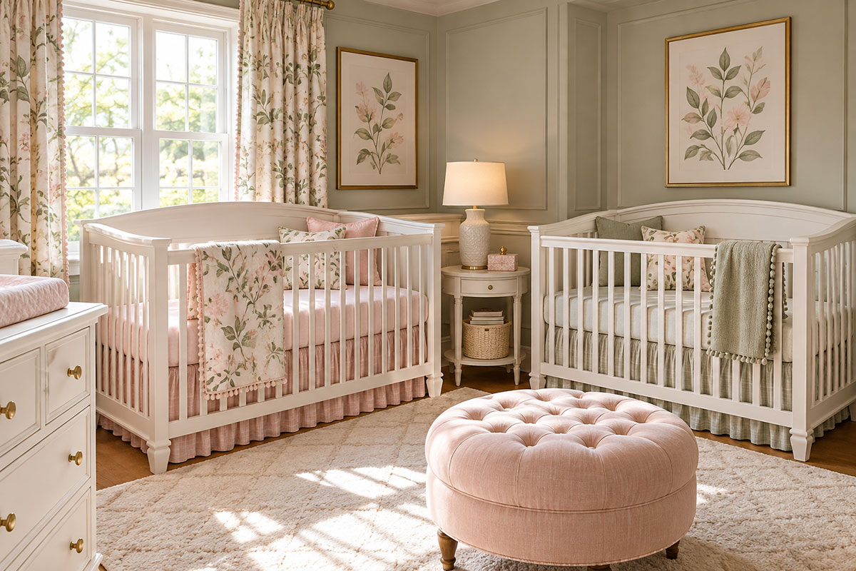 Perpendicular twin nursery layout with two cribs on adjoining walls and open floor space in a square room