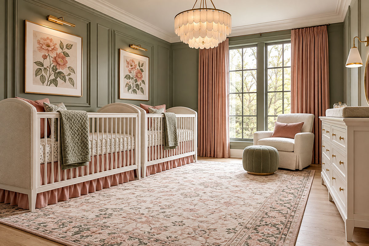 Side by side twin nursery layout with two cribs sharing one wall and an open walking path