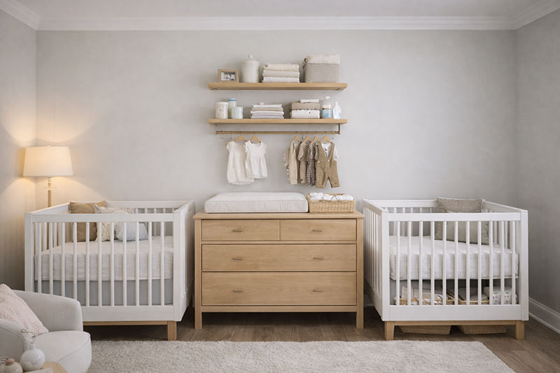 Twin nursery storage ideas using dresser changing station and wall shelves