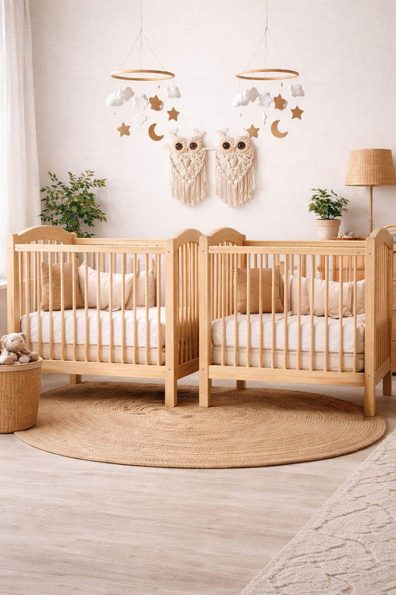 Twin nursery with two identical cribs and macrame owl wall decor