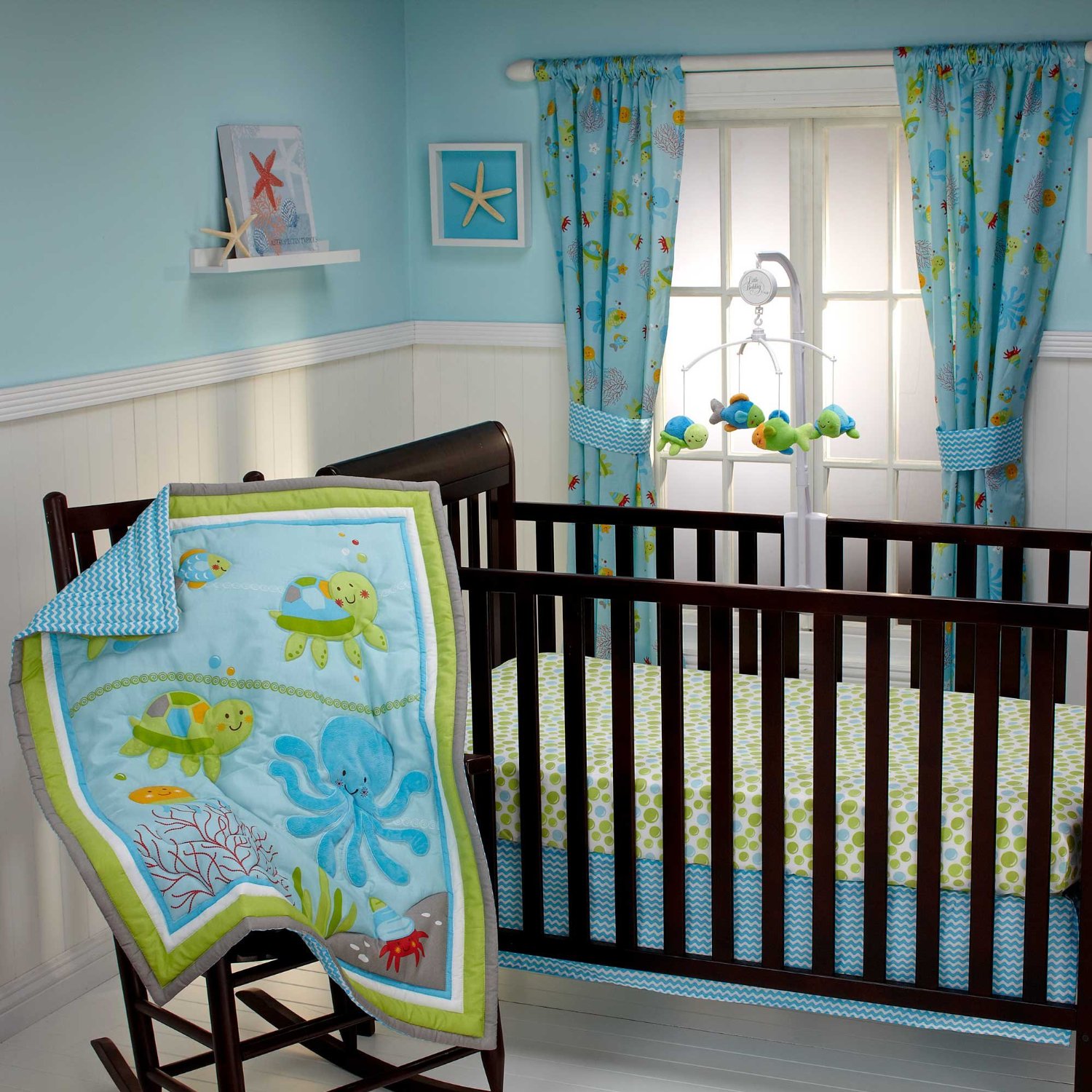 Baby bedding set with under the sea creatures for a baby boy nursery