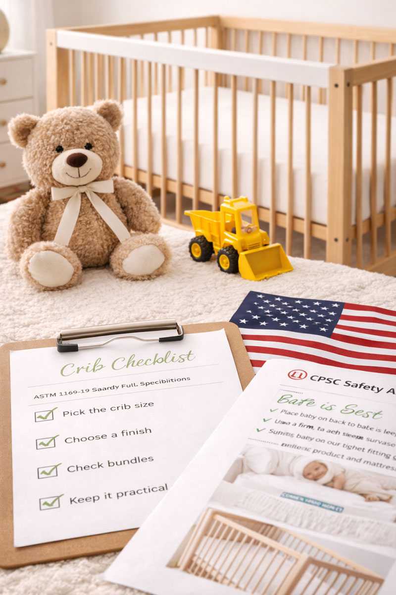 crib assembled correctly with firm mattress and tight fit in a simple nursery setting with neutral lighting