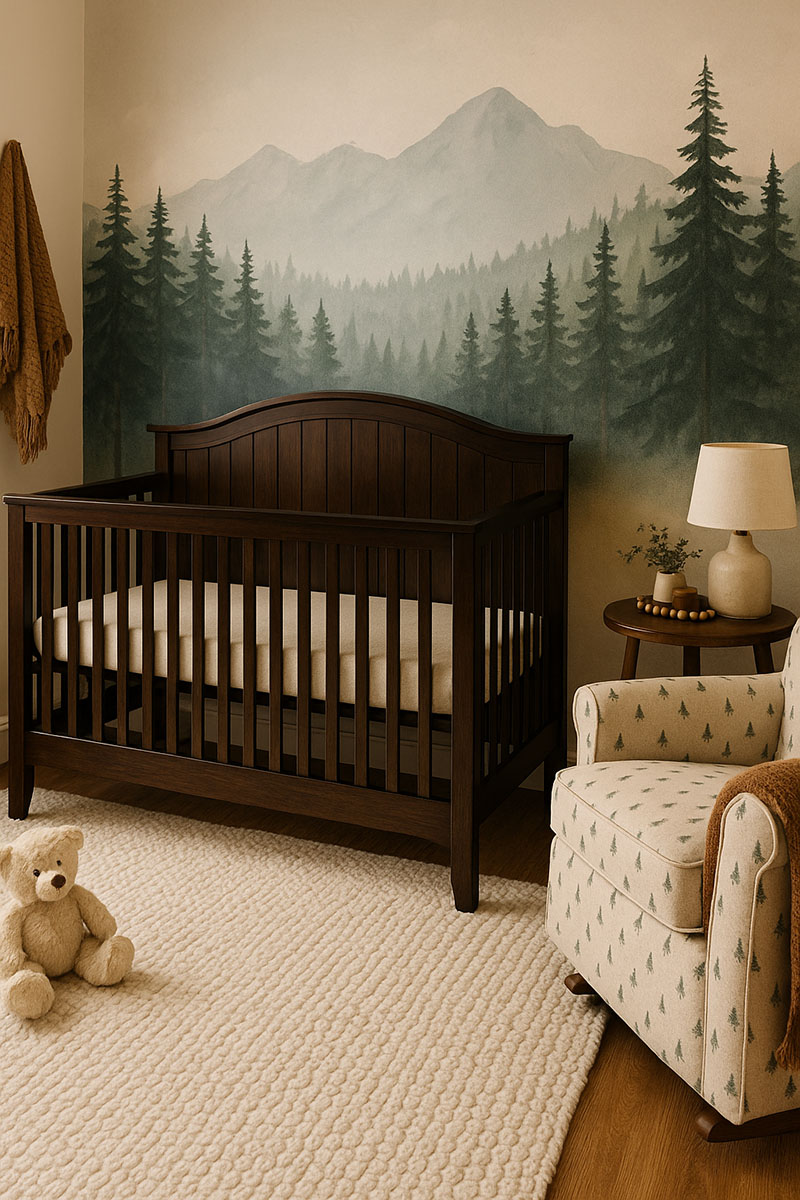 Used baby crib in a woodland nursery setting representing crib safety evaluation context