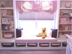 Easy to make stripes pattern baby girl nursery window valance top treatment with ribbons made from pink and white striped fabric