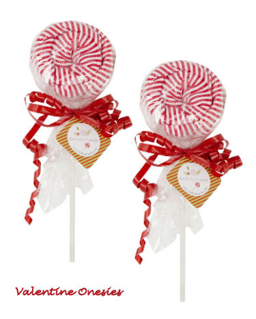 Baby's 1st Valentine's Day Onesies disguised as red and white striped lollipops