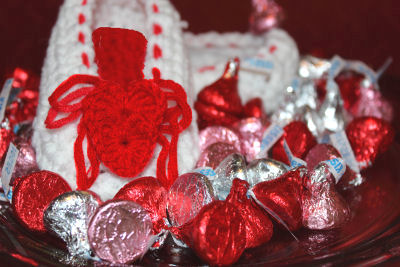 I Love Valentine's Day Crochet Baby Ballet Slippers with Crocheted Red Hearts for a Special Baby Girl's Valentine