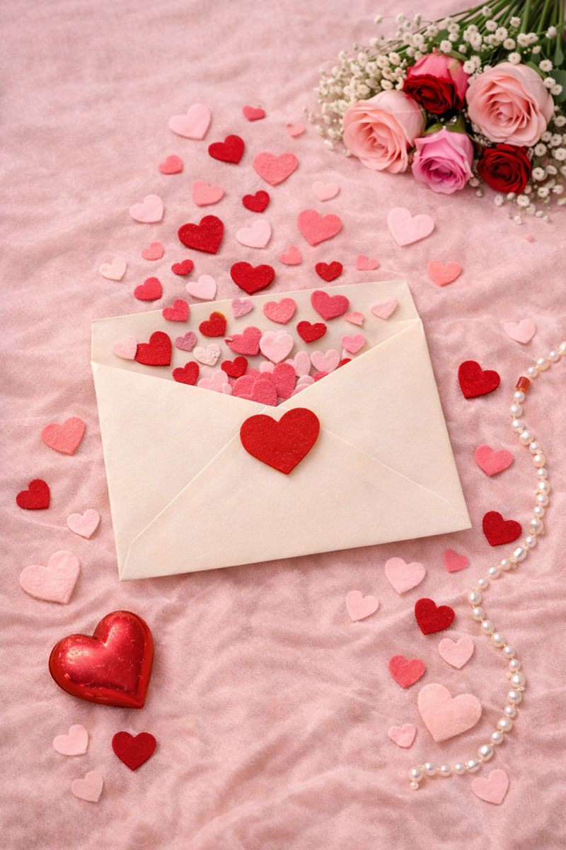 Valentines baby announcement idea with sealed envelope, heart confetti, and soft pink background