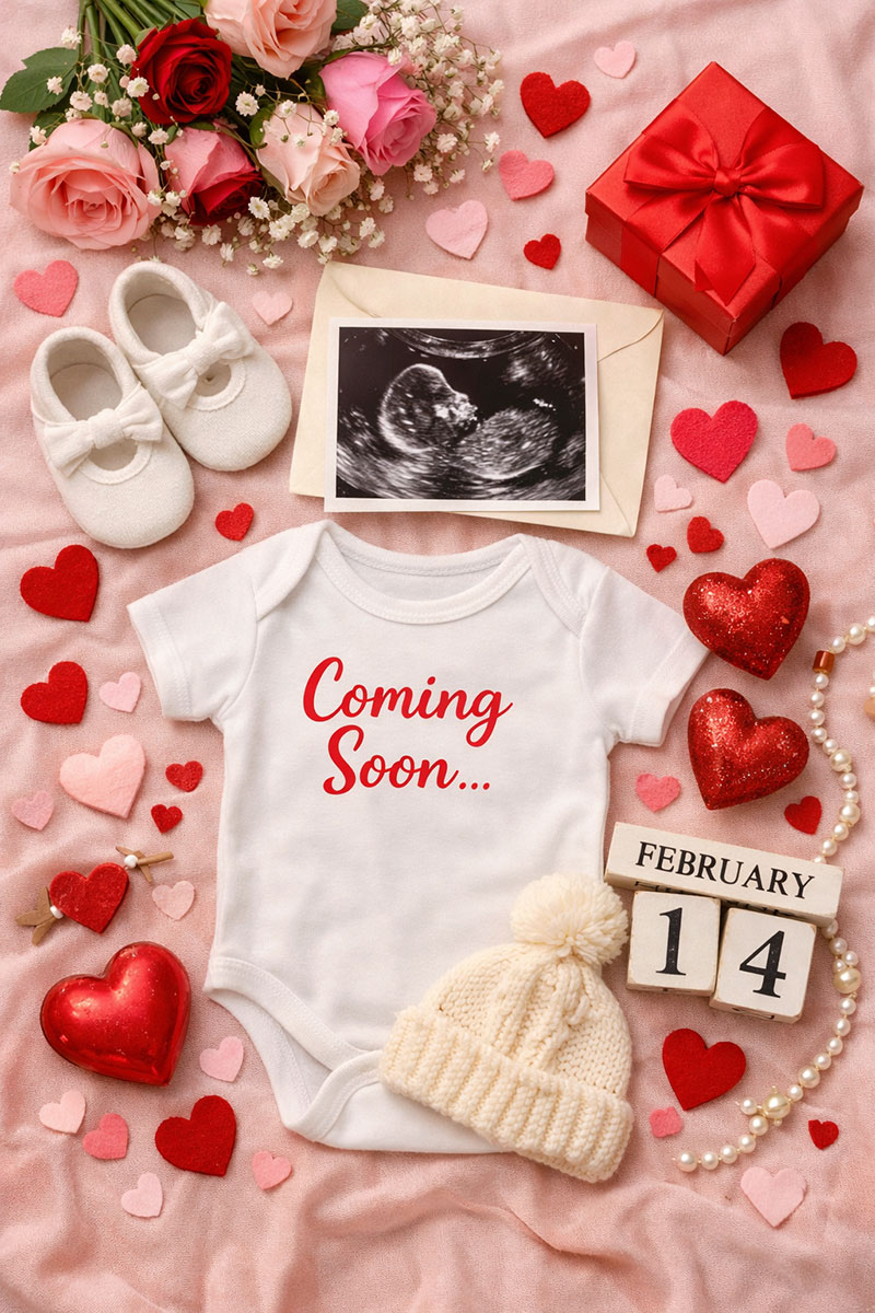 Valentines Day baby announcement setup with ultrasound photo, baby shoes, and heart themed decor