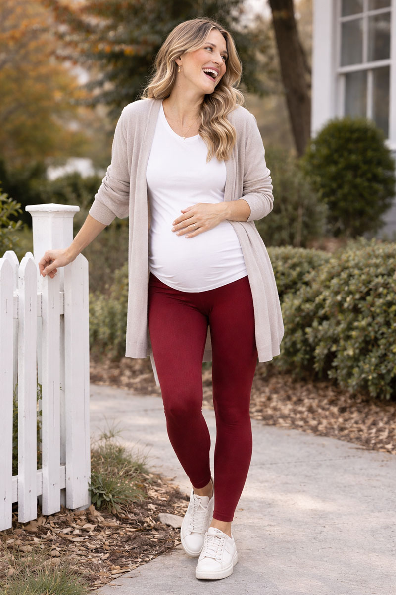 Casual Valentines Day maternity photoshoot look with ruby leggings, long cardigan, and a simple tee