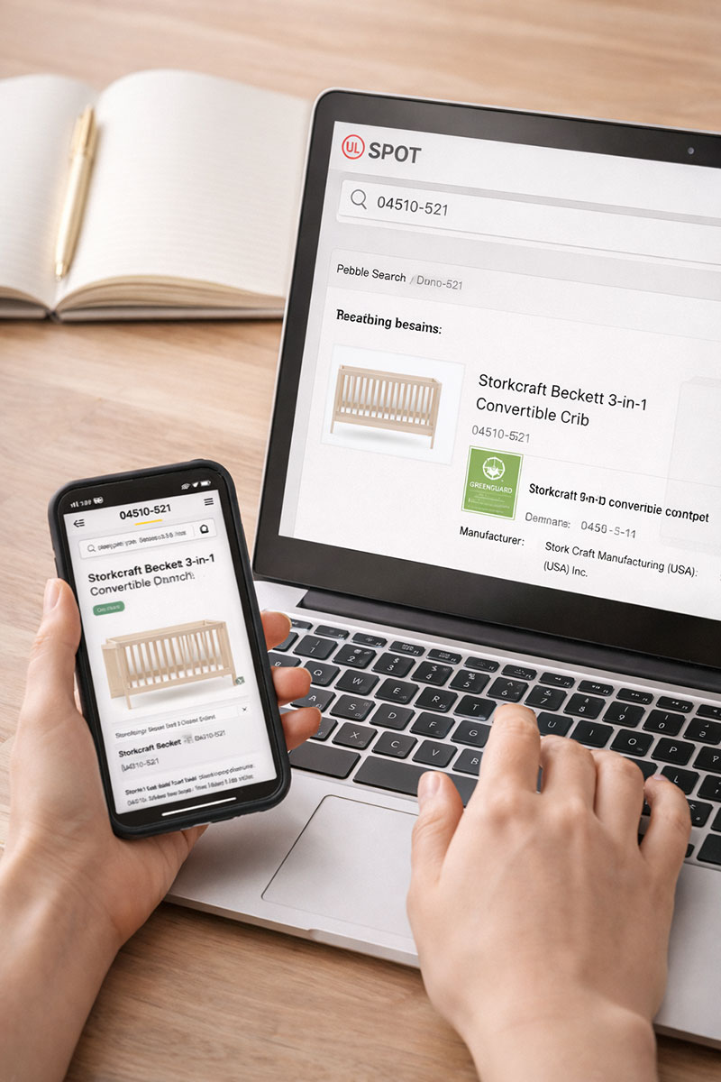 parent hands checking a crib model number on a product page and a certification listing screen with a notebook nearby