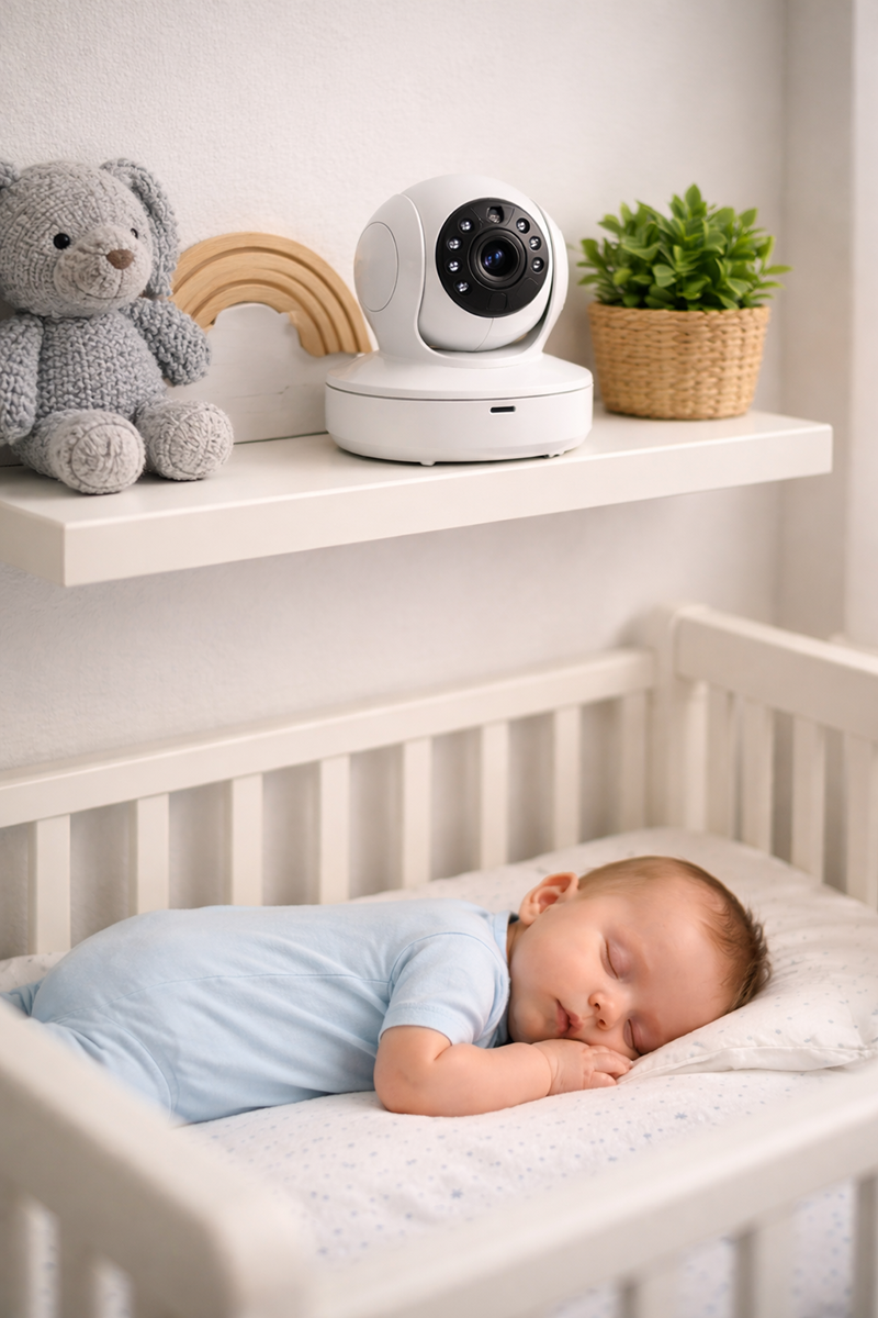 Video baby monitor mounted over the crib showing a clear view of a baby sleeping in a crib