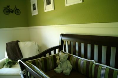 Vintage Bicycle Baby Nursery Theme w Stripes, Polka Dots and Bright Olive Green Walls 