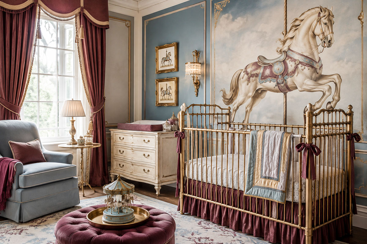 Vintage carousel horse nursery with painted horse wall art, blue and berry accents, antique gold details and an elegant crib