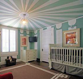 Vintage circus nursery theme for a baby boy with blue and cream white custom ceiling painting technique