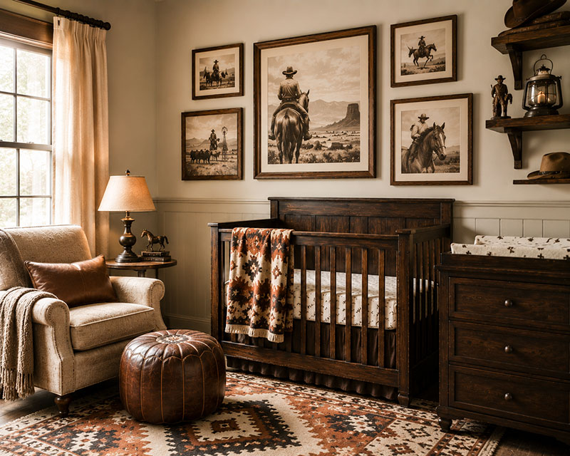 Vintage cowboy nursery prints displayed in a western themed room