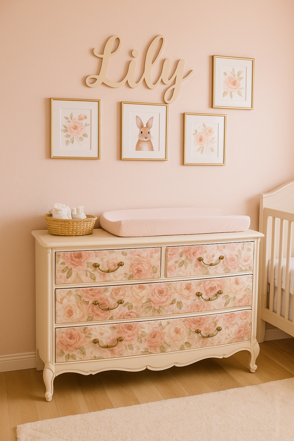 Repurposed vintage dresser used as a changing table in a baby girl's blush and gold nursery