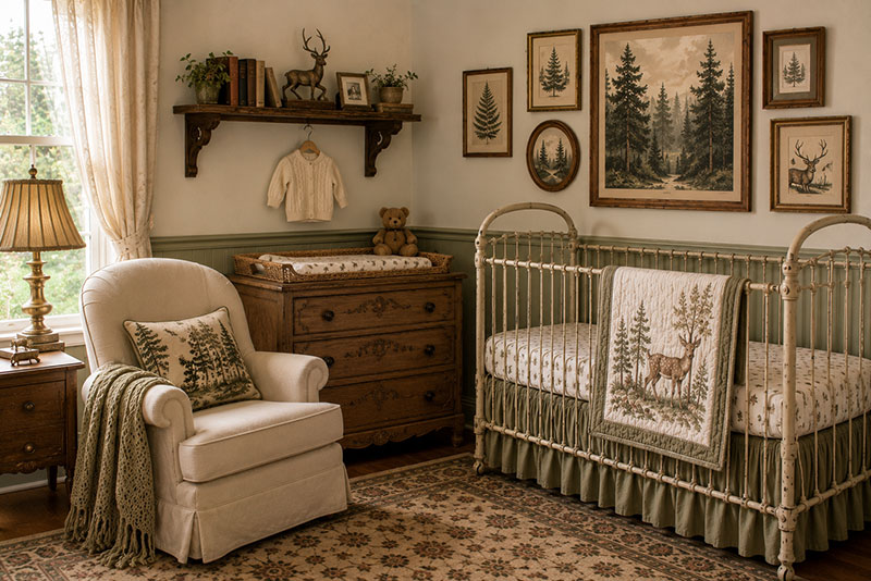 Vintage woodland nursery wall decor with framed forest artwork and antique inspired nursery styling