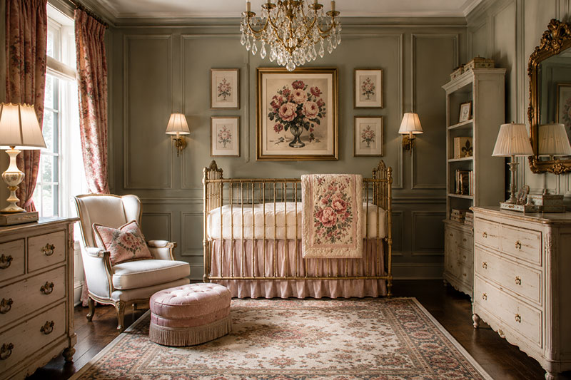Heirloom nursery furniture with vintage crib and antique inspired decor