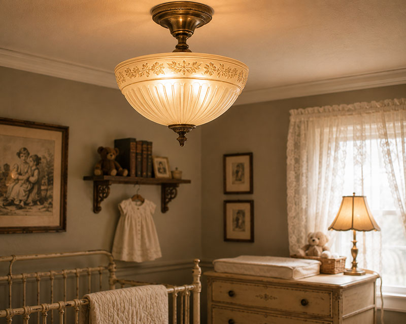Luxury vintage nursery lighting with chandelier and layered lamp lighting
